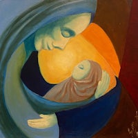 a painting of a woman holding a baby