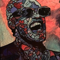a stained glass painting of a man with sunglasses