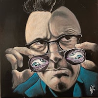 a painting of a man holding a pair of glasses