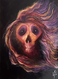 a painting of a skeleton with long hair