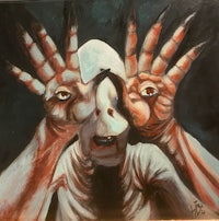 a painting of a man with his hands up